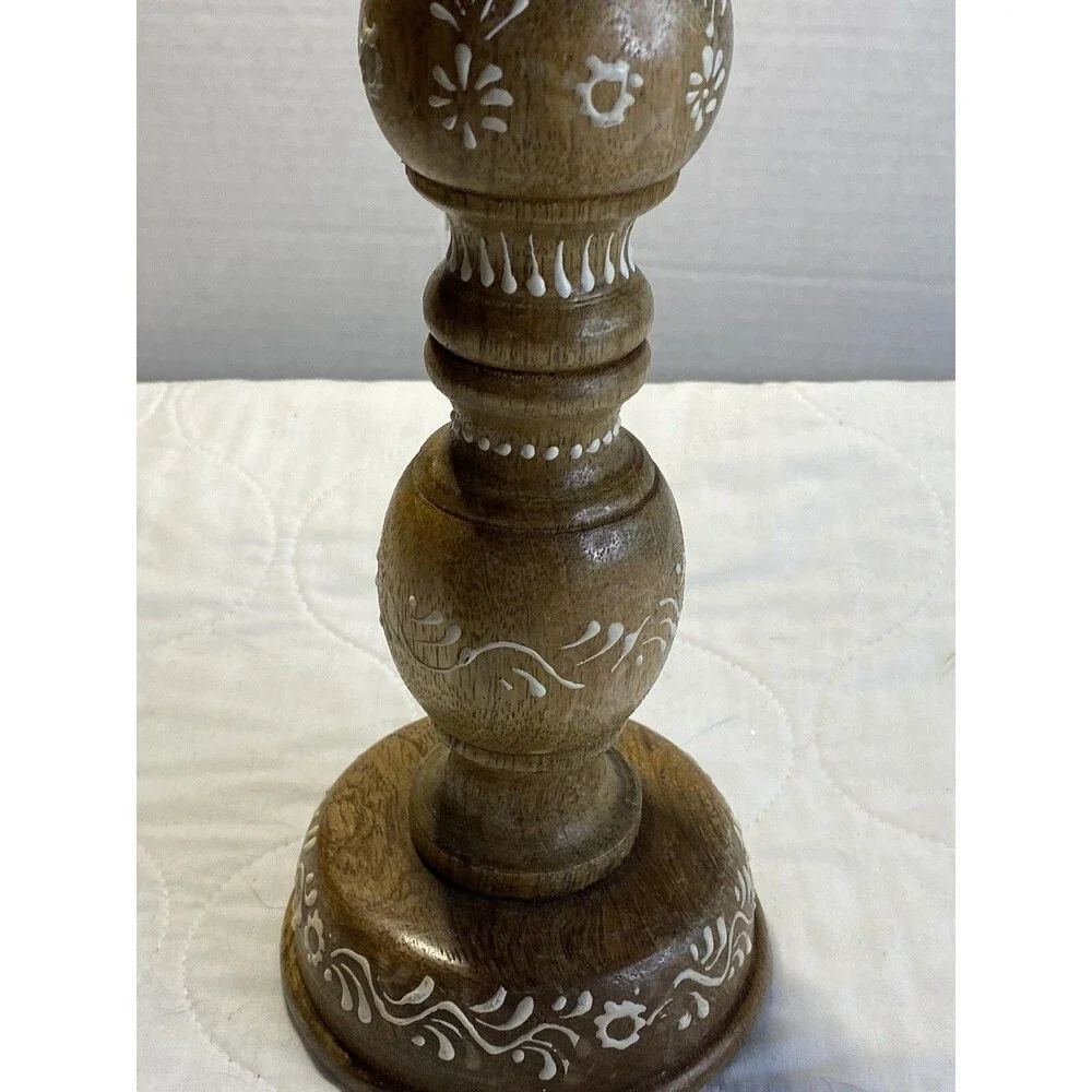 Wooden Hand painted Chunky Candle Holder, Column, 12” Tall